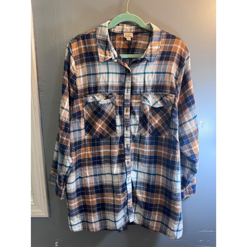 Como Vintage Mens 2X Plaid Flannel Shirt Navy Tan Long Sleeve Button Down